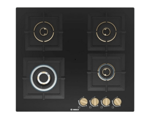 Bosch Built in Gas Hob Black Tempered glass Glass 4 Burner Auto Ignition 60 cm True Brass 2D Ring Burners with Matt Black Heat Shields & Cast Iron pan supports (PNH6B6F20I)